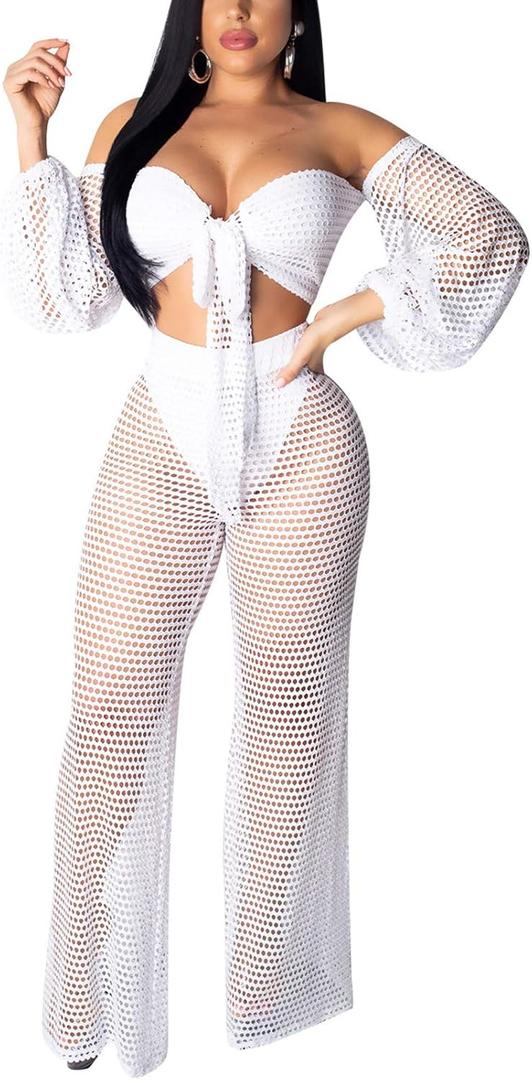 Sexy Cover Ups for Swimwear Vacation Off The Shoulder Top Long Pants Bikini Cover Ups Swimwear Beach (White, M)