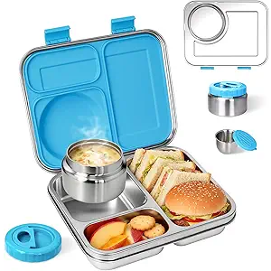 Stainless Steel Bento Lunch Box：7+ Older Kids，Teens ＆ Adult with Insulated Food Jar,Leakproof 3-Compartment,BPA-Free, Eco-Friendly,Dishwasher Safe, Large-Capacity Box, School,Office,Travel （Blue)