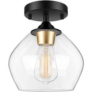 Modern Semi Flush Mount Ceiling Light with Clear Glass Shade, Industrial Close to Ceiling Light, Black Hanging Ceiling Light Fixture for Hallway, Bedroom, Dining Room, Entryway, Foyer