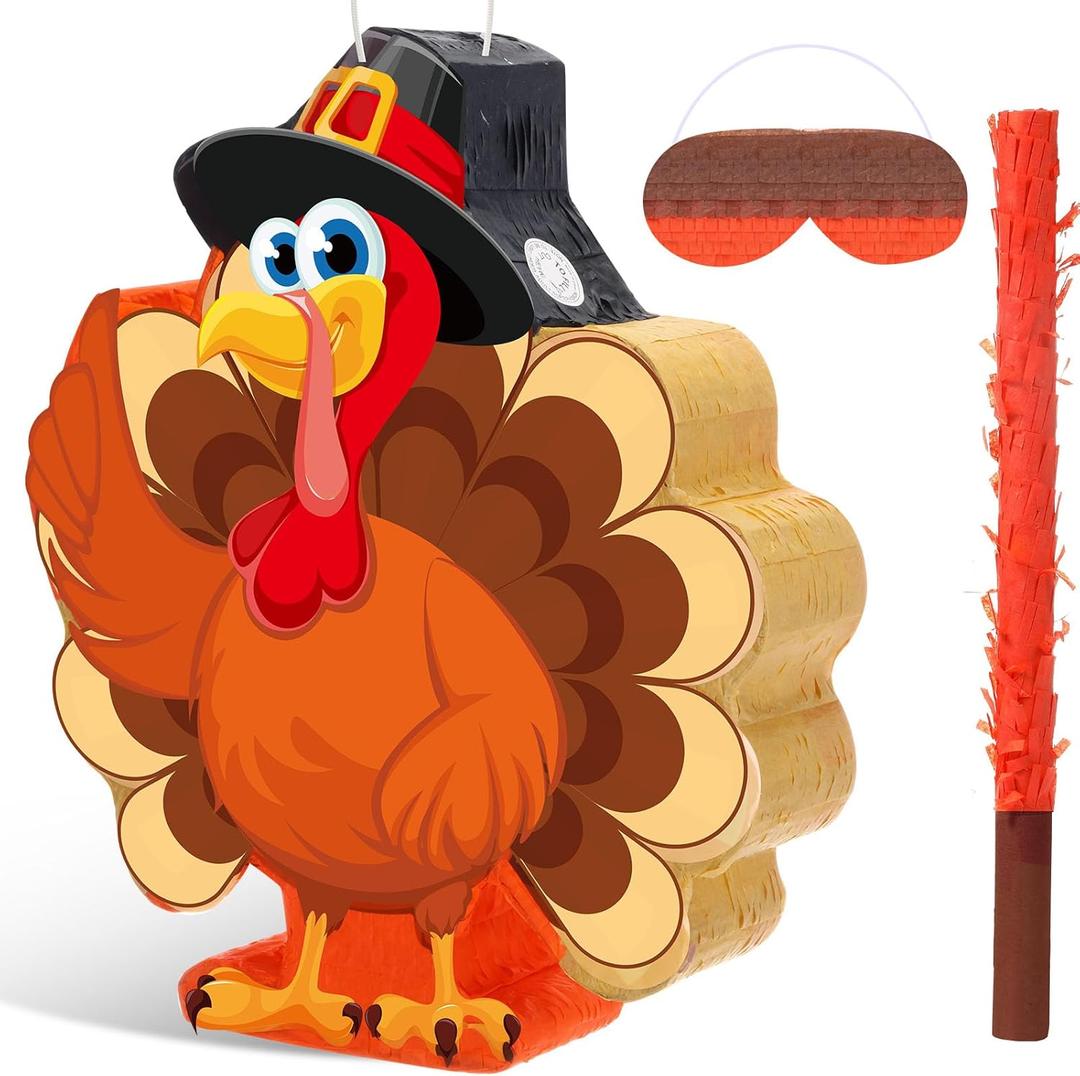 Fall Thanksgiving Piata Large Thanksgiving Piata with Blindfold Bat and Confetti for Autumn Harvest Birthday Party Gifts Supplies Holiday Decor(Turkey)