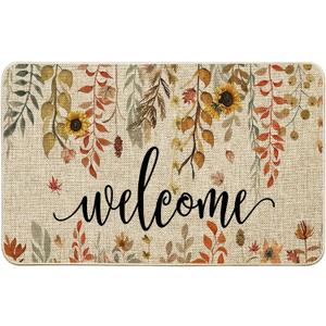 ORTIGIA Welcome Fall Doormat Indoor Outdoor Patio Eucalyptus Leaves Sunflowers Door Mats Non-Slip Entrance Mat for Home Entrance, Outside Entry, Yard, Floor, Patio 32x20 Inch (1'8" x 2'8" (Rectangular))