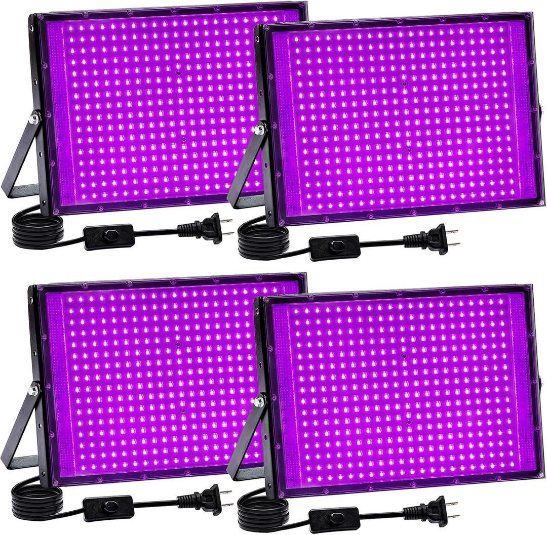 300W Black Lights for Glow Party, LED Blacklight IP65 Waterproof with US Plug and Switch 385-400nm UV Black Light for Halloween Decoration,Body Painting(4 Pack)