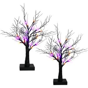Dazzle Bright 2 Pack 20 Inch Orange & Purple Lighted Halloween Birches Tree Decor, 24 LED Battery Operated Halloween Decorations Artificial Black Spooky Tree with Timer for Indoor Home Party