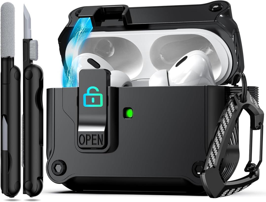 RFUNGUANGO for AirPods Pro 2nd/1st Generation Case Cover with Secure Lock Clip,Automatic Pop-up Case Full-Body Shockproof Hard Protective Cover for AirPods Pro 2 (2023/2022/2019) - Black