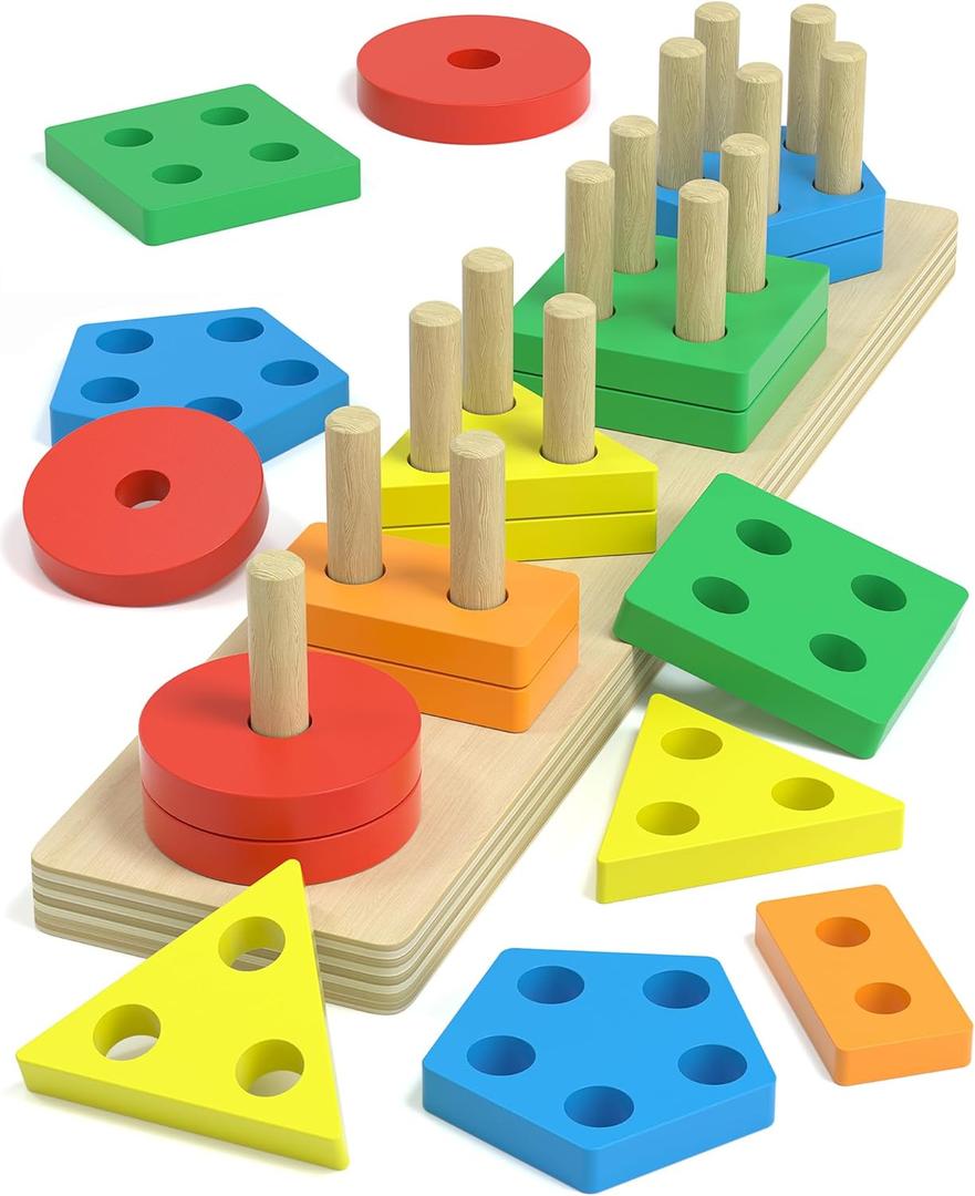 Montessori Toys for 1 2 Year Old Girl and Boy Birthday Gifts, Shape Sorter Wooden Toys for Toddlers Age 1-3 2-4, Learning Educational Sensory Stacking Easter Basket Stuffers Toy Toddler Puzzles