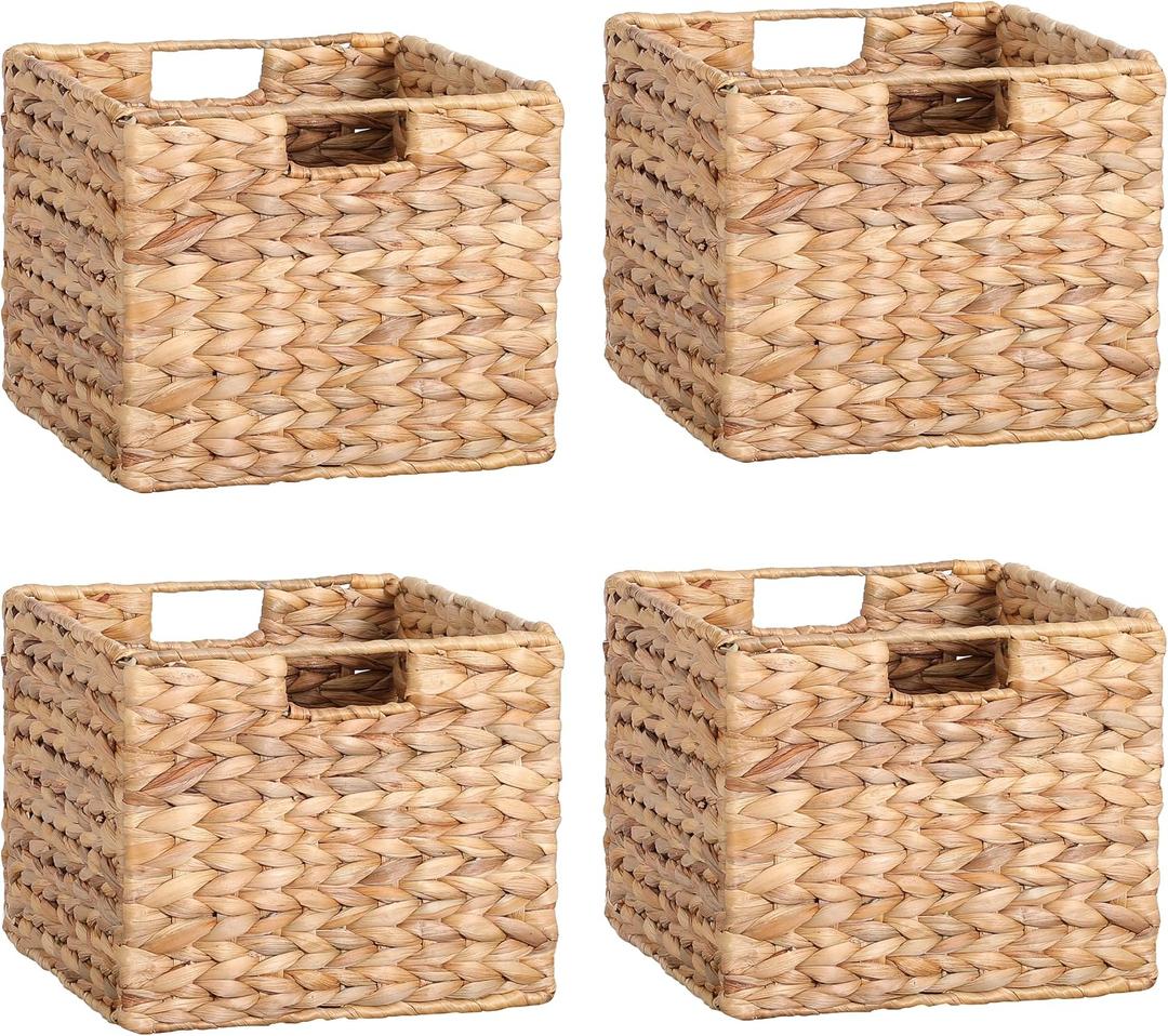 12x12x10in Water Hyacinth Storage Baskets, Wicker Storage Cubes Set of 4, Foldable Wicker Baskets for Pantry Organization, Square Baskets for Shelves