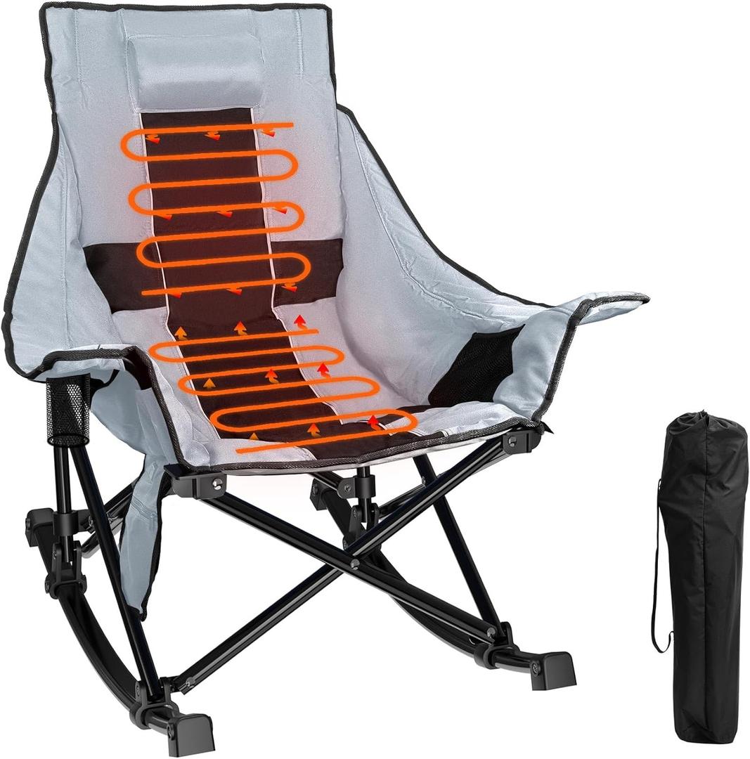 Slendor Oversized Rocking Camping Chair, XL Heated Camping Chair w/ 3 Levels Heat for Back+Seat, Padded Rocking Heated Chair, Portable Lawn Recliner with Pillow, Side Pocket, Carry Bag, Grey+Black