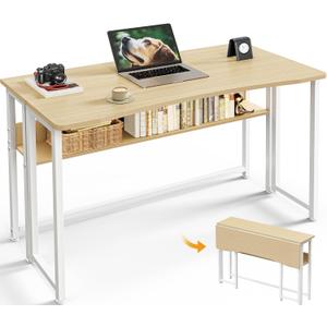 Huuger Folding Desk with Storage Shelf, 39.3 Inch Foldable Computer Table for Small Spaces, Space Saving Sofa Table for Couch, Writing Work Office Computer Desk, Easy to Fold, Oak (18.5"D x 39.4"W)
