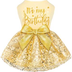 Birthday Dog Dress with Gold Sparkly Sequin Princess Dog Clothes for Small Medium Large Dogs Girls Boys Cats Outfit Apparel L