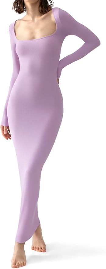 PUMIEY Women's Square Neck Long Sleeve Maxi Dress Ribbed Bodycon Dresses for Women Soft Lounge Dress L