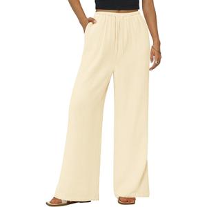 PRETTYGARDEN Summer Wide Leg Linen Pants Women with Pockets High Waist Drawstring Loose Casual Palazzo Lounge Pants Women (Yellow, XL)
