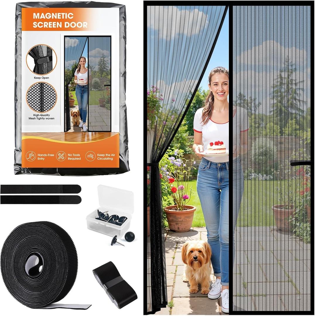 Magnetic Screen Door, Screen Door Mesh, Heavy-Duty Mesh Curtain, Door Net Keep Bugs Out, Hands Free Partition, Screen Size 38 83, Fits 36 82 Doors, Pet & Kid Friendly, Black