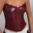 WDIRARA Women's PU Leather Corset Tube Top Lace Up Back Strapless Bandeau Bustier Crop Tops (Red, L)