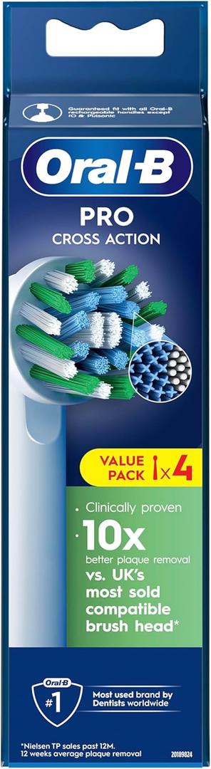 Oral-B Pro CrossAction Replacement Toothbrush Heads for Electric Toothbrush, Pack of 4, Superior Teeth Cleaning with Innovative X-Shaped Bristles, Original Oral-B Toothbrush Attachment
