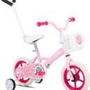 KEANO Voyager 12 Inch Kids Bike for Girls Ages 2-4 Years, Toddler Bike with Training Wheels & Basket, Detachable Parent Push Handle, Children Bicycle in Pink