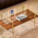 Shrine Rectangle Coffee Table, Mid-Century Modern Design, 2-Tier Structure, Clear Glass Top and Walnut MDF Shelf, 41" D x 21" W x 17" H, Sleek Conical Metal Legs with Gold Finish