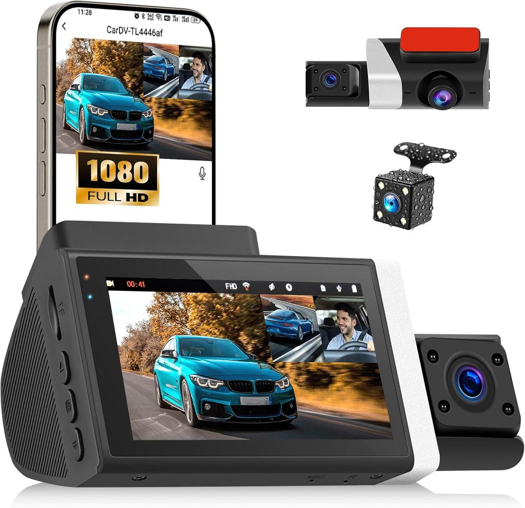 3 Channel Dash Cam Front and Rear Inside, 2.9'' 1080P Dash Camera for Cars,Three Way Triple Car Camera with App Control Super Night Vision,Wide Angle,Loop Recording,G-Sensor,24 Parking Monitor