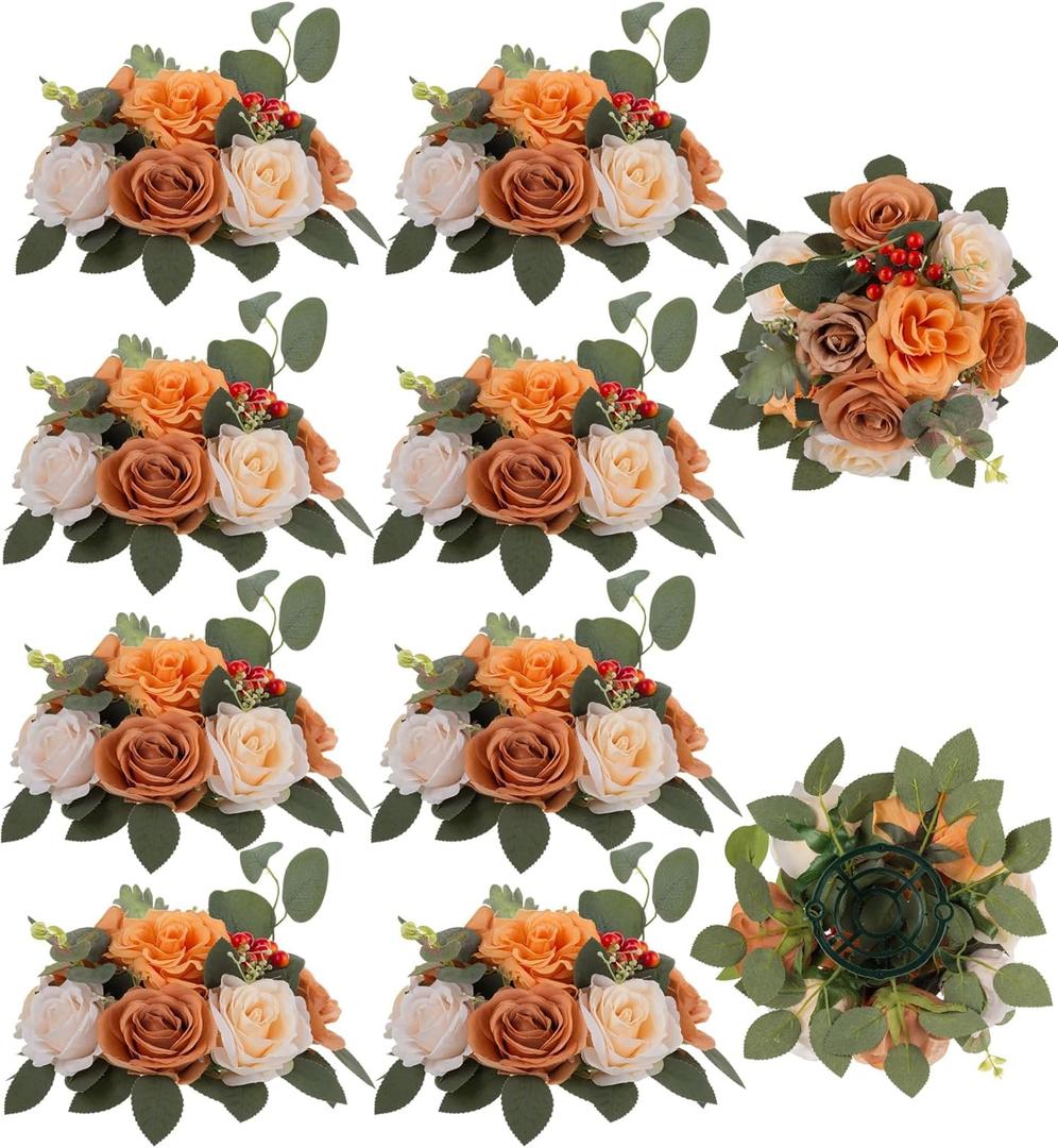BLOSMON Terracotta Flowers for Wedding Centerpieces: 10 Pcs Artificial Rose Flower Balls Table Decorations - Fall Fake Silk Kissing Floral Arrangements for Home Party Event DIY Decor