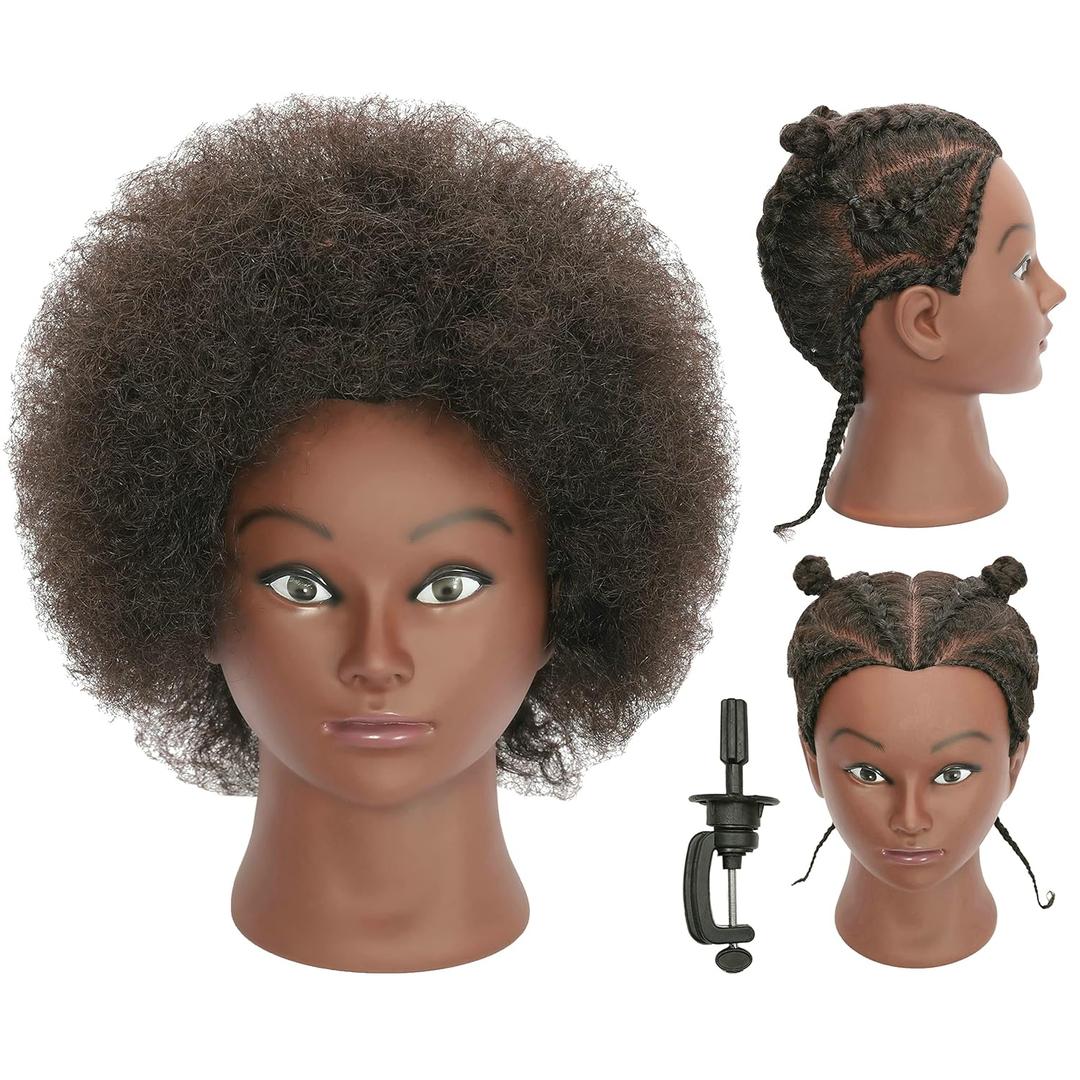 Kinky Curly Real 100% Human Hair Mannequin Head Manikin Cosmetology Doll Training Head with Stand for Hairdresser Practice Braiding Styling Bleaching Dyeing Cutting Updos Natural