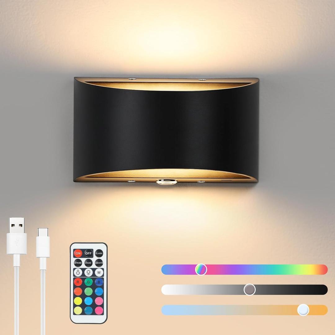 Lightess Battery Cordless Wall Sconces, 13 RGB Colors Rechargeable Wall Sconce, Remote & Touch Control, Magnetic Wall Lamp, LED Wall Lights for Bedroom, Living Room, Hallway (Black)