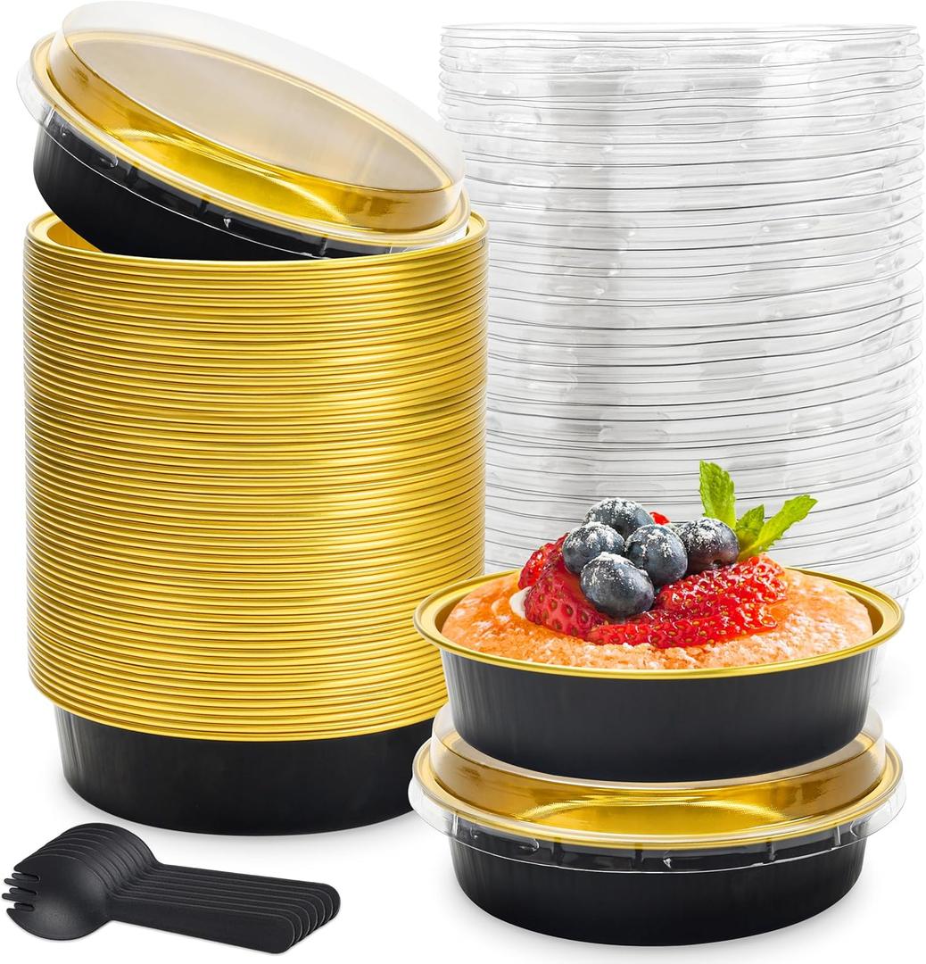 8 OZ Mini Cake Pans Disposable Ramekins with Lids Round Aluminum Mini Foil Cake Tins Baking Pans for Party Wedding Pudding (Black Gold, 25 Pack)