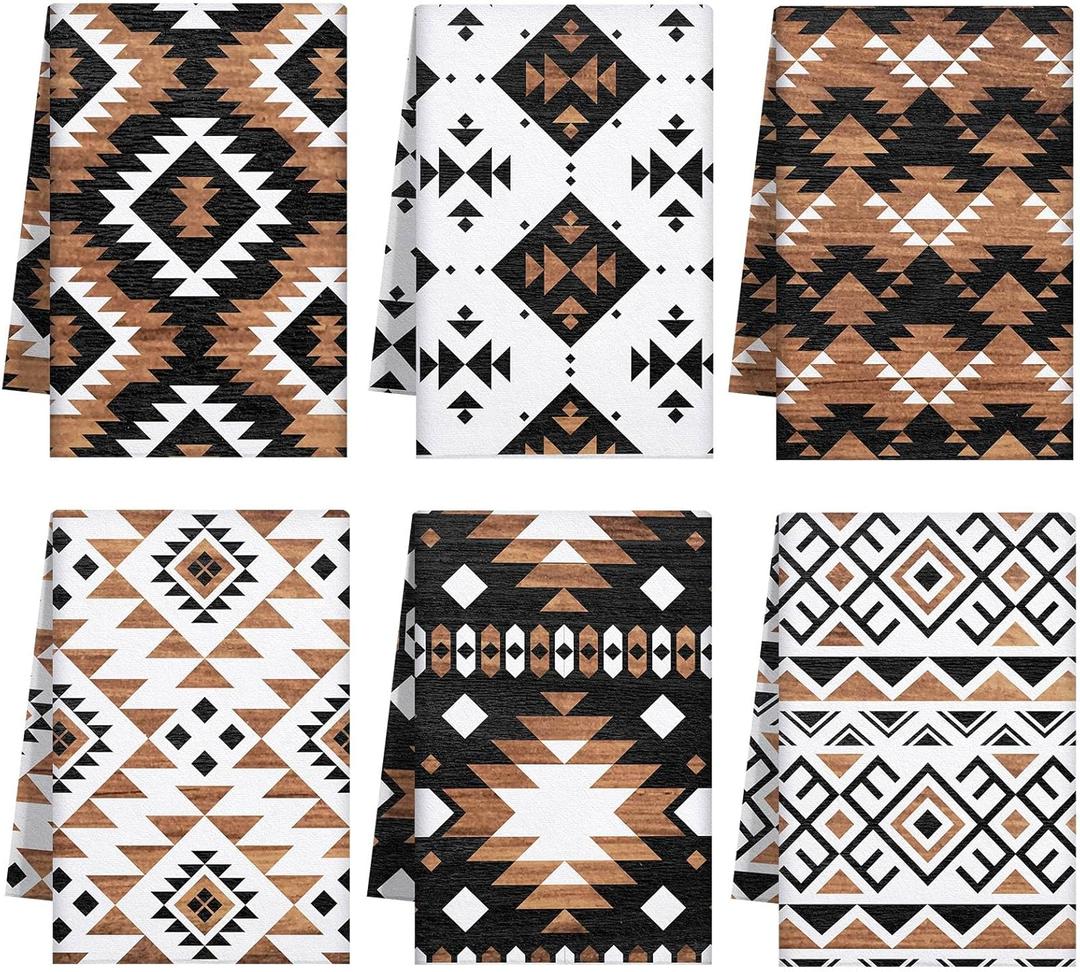 Breling Set of 6 Western Aztec Kitchen Towels Vintage Themed Dish Towel Bathroom Decorative Rustic Cloths for Kitchen Bathroom Home Cooking Housewarming Gifts, 14 x 21 Inch (Black, Brown)