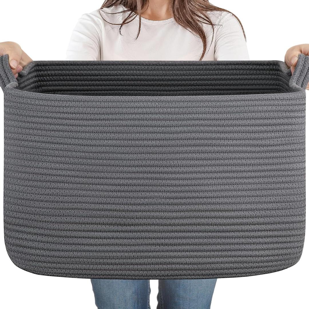 65L Cotton Rope Large Blanket Basket (19.7"x15.7"x11.8") for Living Room, Kids Room & Laundry, Storage Basket with Handle for Organizing Blankets, Pillows, Clothes & Toys, Dark Grey