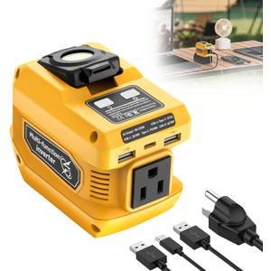 220W Portable Power Inverter Compatible with Dewalt 20V Battery, DC 20V to AC 110V Battery Inverter, Power Station with 400LM LED Work Light, 1 AC Outlet, 2 USB Ports & 1 TypeC Fast Charging (Yellow)