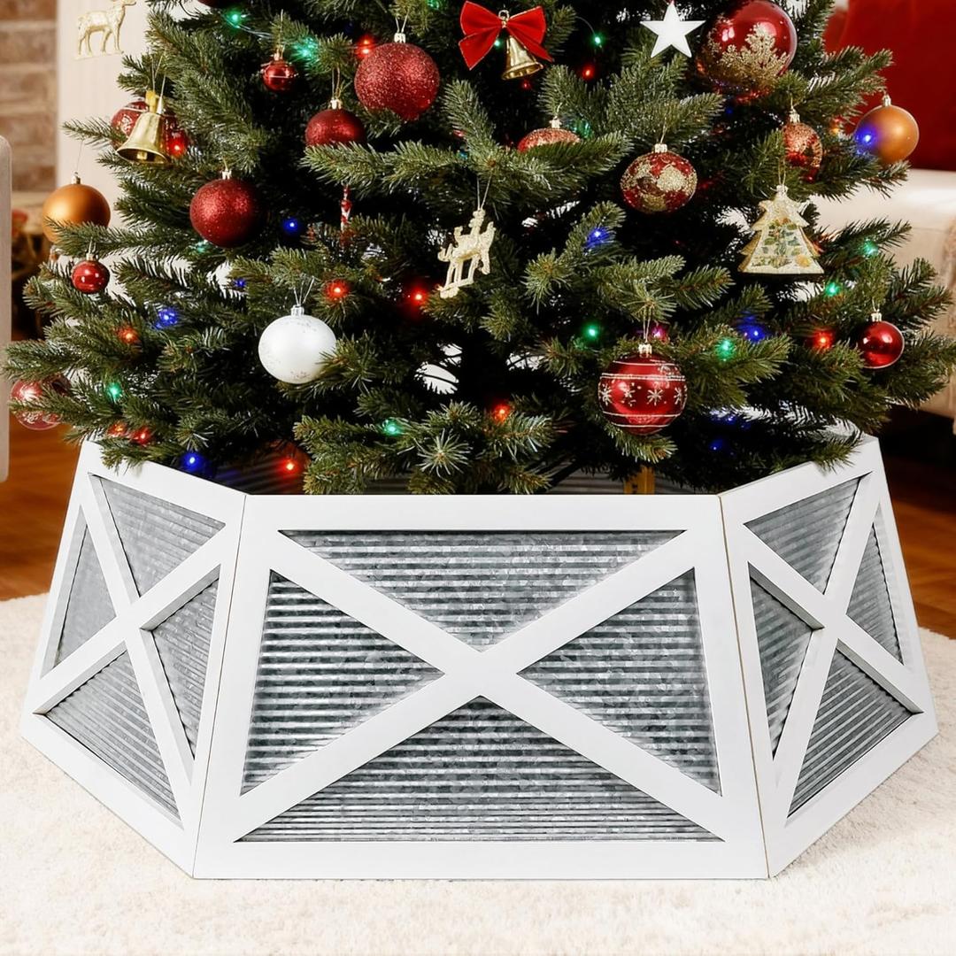 Pruchant Christmas Tree Collar for 7.5 ft Tree, 30" White Hexagon Farmhouse Tree Stand Base Cover in Rustic Wood and Galvanized Metal, Tree Skirt for Christmas Trees Decoration