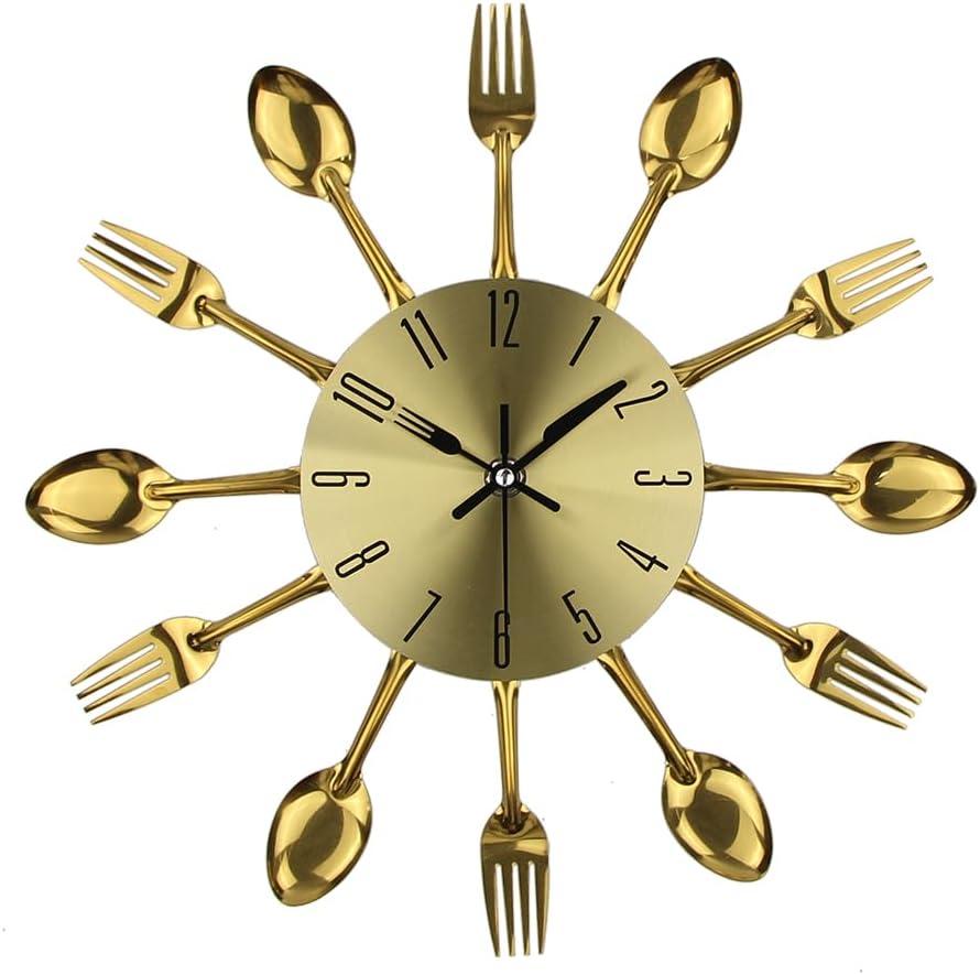 Timelike Kitchen Metal Copper Wall Clocks with Spoons and Forks 3D Removable Modern Creative Cutlery Kitchen Spoon Fork Wall Clock for Great Home Decor and Nice Gifts (Gold)