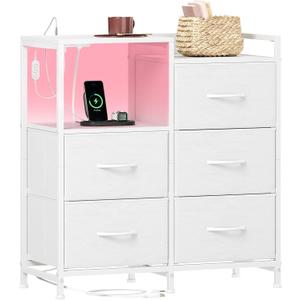 Somdot White Nightstand with Charging Station and LED Light, Wide 5 Drawers Dresser for Bedroom with Fabric Bins and Open Shelf for Bedroom Kids Closet Dorm Guest Room, White Leather (11.4"D x 26.2"W x 27.8"H (5 Drawers)