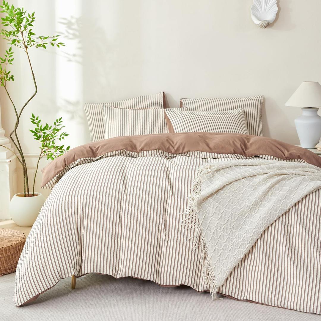 Comforter Set Queen Size Striped Soft Luxury Washed Microfiber Jacquard 3 Pieces Bedding, White Dark Brown Vertical Ticking Stripes Comforter with 2 Pillowcases Breathable Durable Comfy