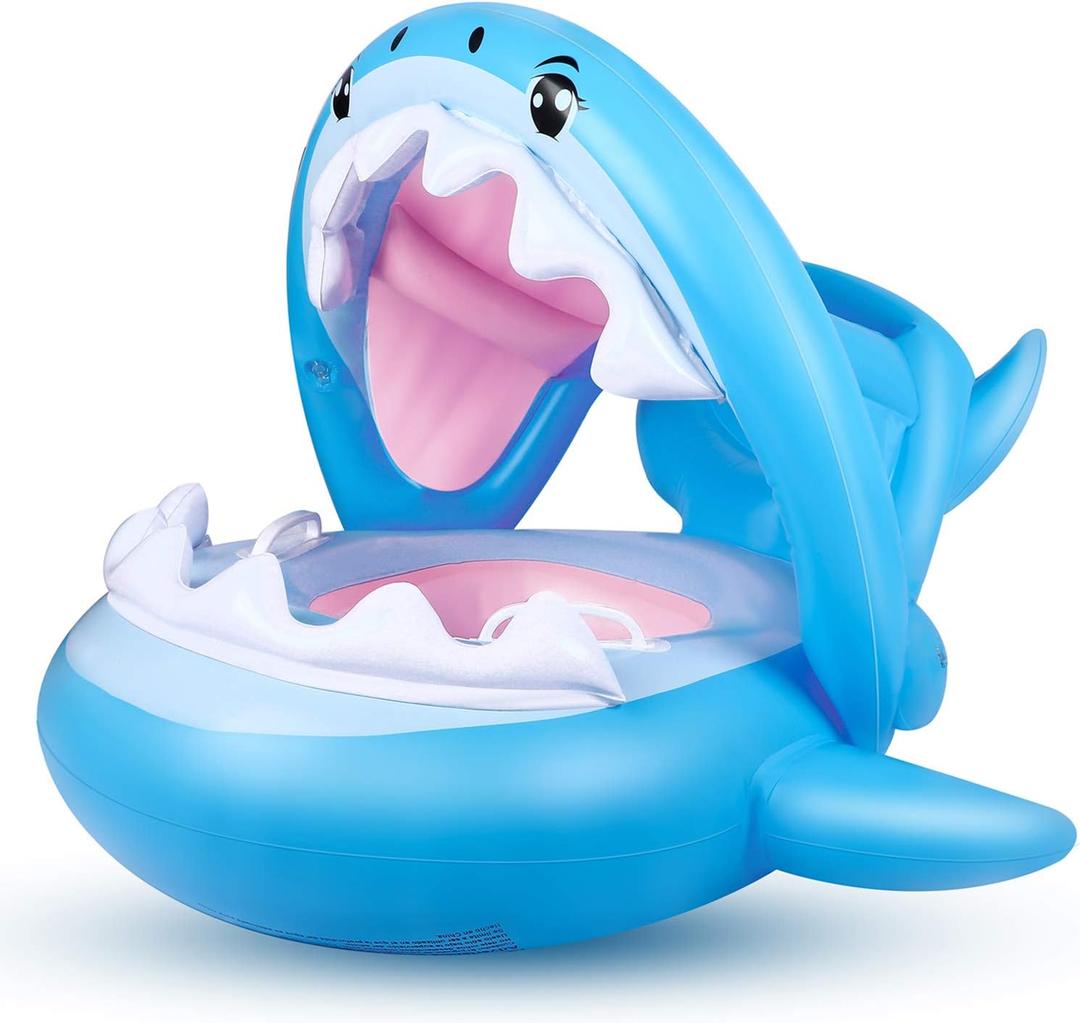 Baby Float Swimming Pool Toddler Floaties with Inflatable Canopy Shark Infant Pool Float for Kids Aged 36 Months (Blue)