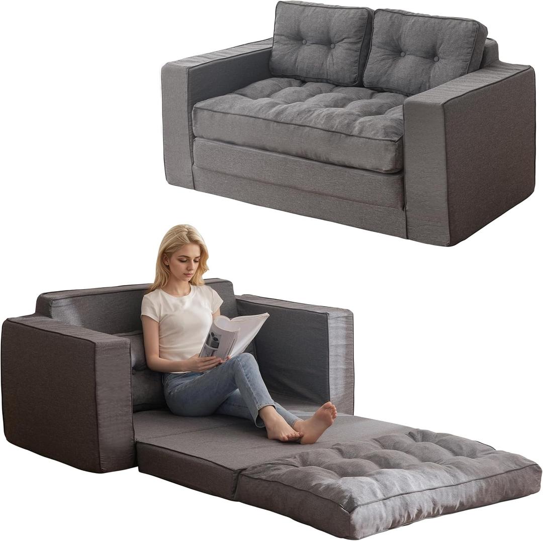 YOSHOOT Loveseat Sleeper Sofa,55" Convertible Sofa Bed Couch Futon Couches for Living Room,3-in-1 Pull Out Floor Couch with Backrest and Pillows (Linen DarkGrey)