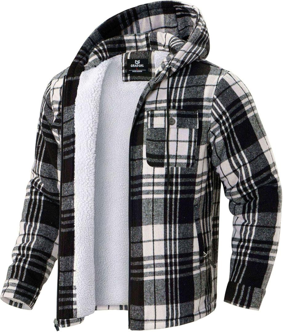 G Gradual Men's Flannel Jacket Fleece Sherpa Lined Hoodies Zip Up Plaid Shirt Warm Winter Jackets for Men with Zipper Pockets (Black, L)