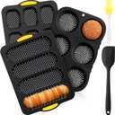 Set of 5 Silicone Hamburger Bun Mold 4 6 9 Cup Hamburger Bun Pan with Spatula Brush Nonstick Pans for Baking Homemade Bread Loaf Sandwich Baking Tray, Fridge Dishwasher Microwave Safe