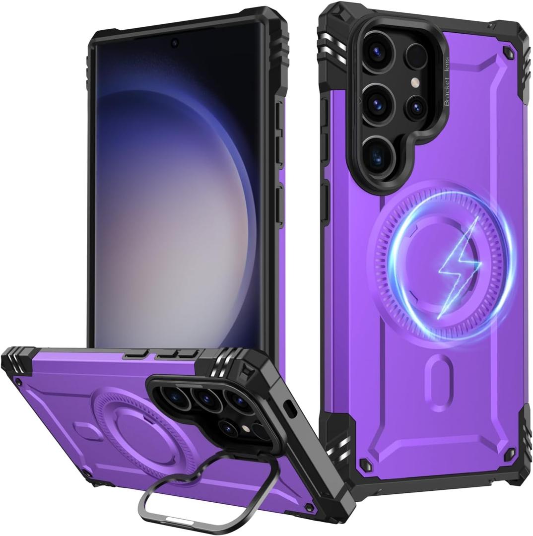FUNMIKO for Samsung Galaxy S25 Ultra Case, Wireless Charging Compatible, Built-in Hidden Metal Kickstand, Military-Grade Shockproof Protective Phone Cover for Women Girls, Purple