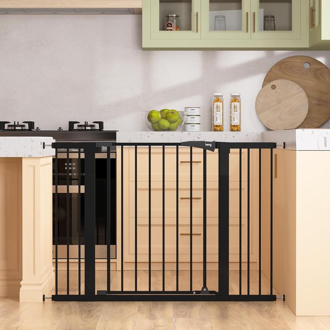 keny 29.7"-46" Baby Gate for Stairs, Auto Close Dog Gates for Doorways, Pressured Mounted No Drilling Pet Gate Extra Wide, One-Hand Opening Dual Lock Stair Gate, Indoor Kids Necessities, Black