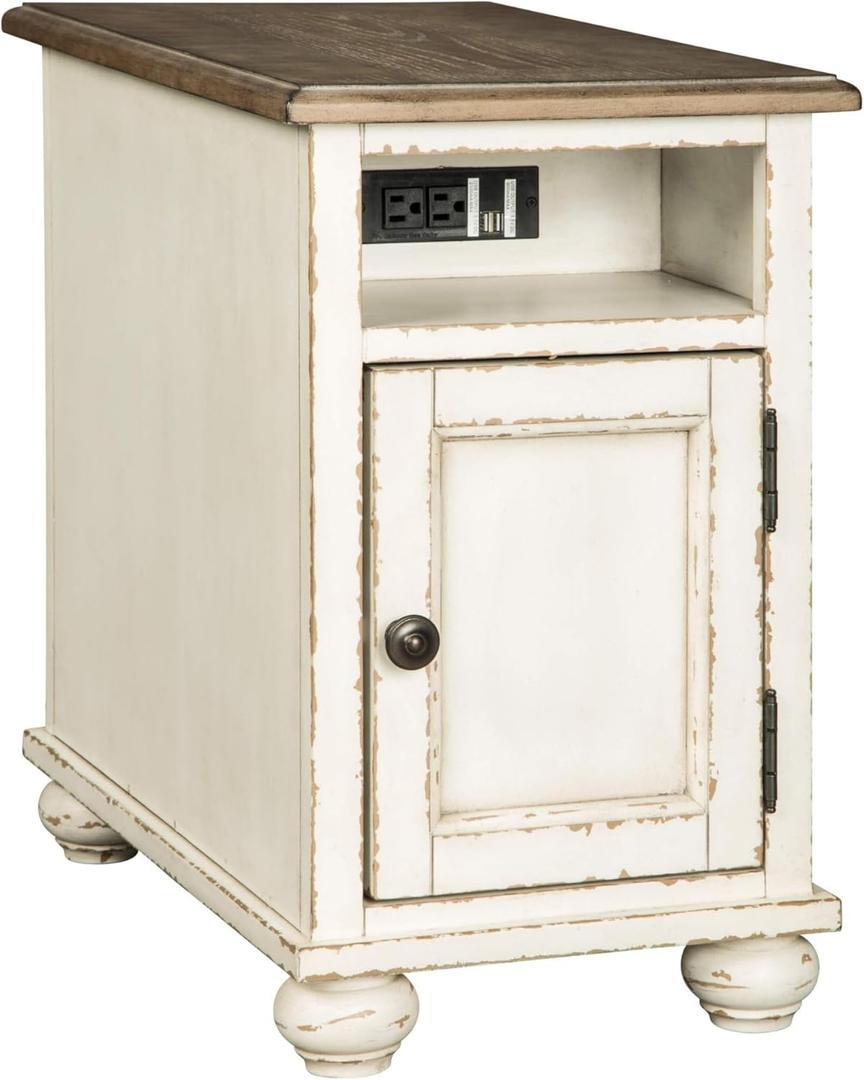 Signature Design by Ashley Realyn French Country Chair Side End Table, Cabinet Storage with Shelf, Outlets and USB Ports, Wood, 14" W x 24" D x 23.13" H, Cream