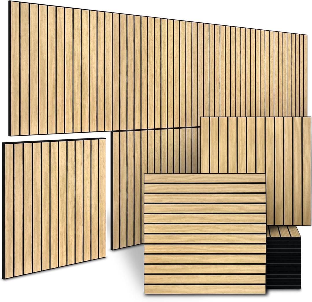 8-Pack Peel and Stick Acoustic Wall Panels, 11.8" x 11.8" PET Soundproof & Noise Cancelling Acoustic Felt, Self-Adhesive 3D Sound Absorbing Slat Wall Paneling for Interior Wall Decor, Natural Oak