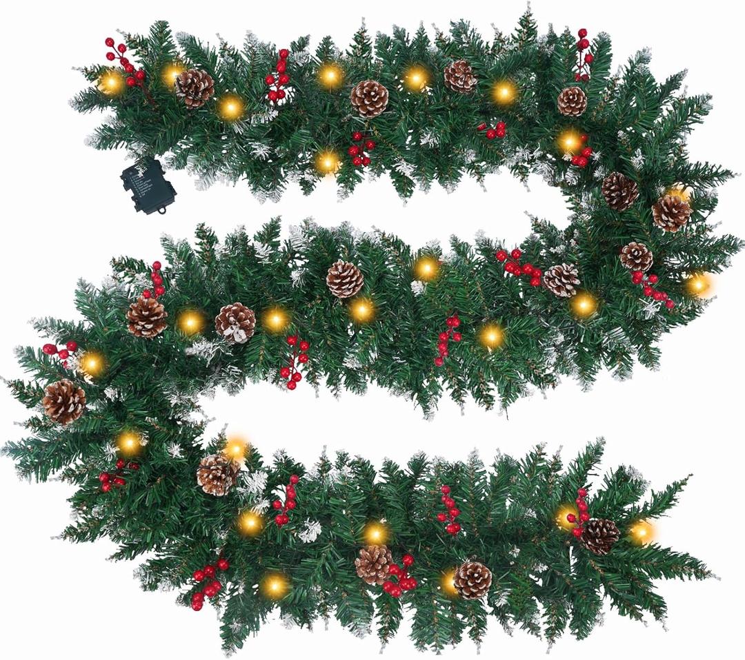HUAESIN 9FT Pre-lit Christmas Garland, Prelit 50 LED Battery Operated Lighted Xmas Garlands, 8 Lighting Modes - Red Berry & Pine Cone Decor - Ideal for Stairs Front Door Fireplace Christmas Decor