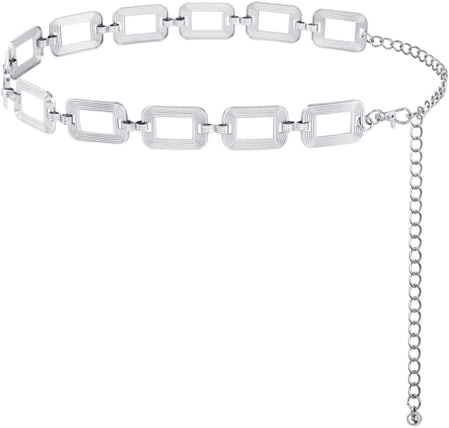 FIORETTO Chain Belts for Women Fashion Metal Waist Chain Chunky Belts for Dresses Jeans (Fit Waist up to 36", Silver)