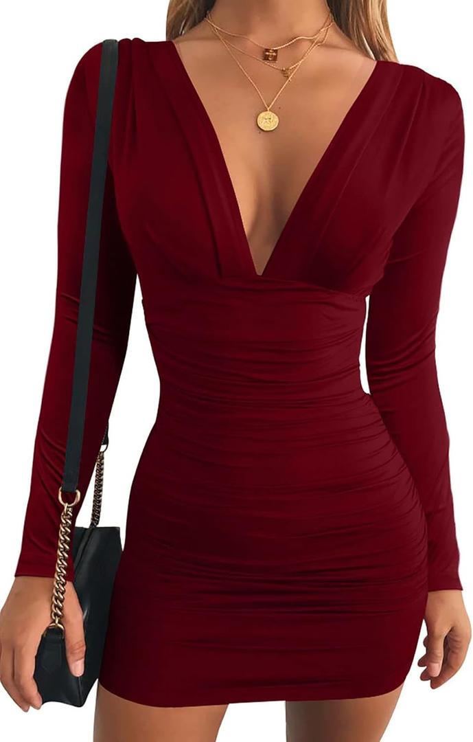 GOBLES Women's Sexy Long Sleeve V Neck Ruched Bodycon Mini Party Cocktail Dress (Wine Red, S)