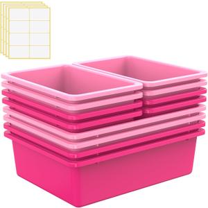 Zonon 12 Pcs Plastic Cubby Bins Office Storage Container Storage Bins Plastic Organization with 1 Pack Self Adhesive Label for Library Office Home Nursery(Pink/magenta)