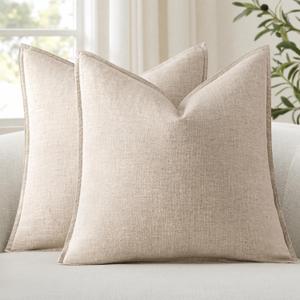 ANRODUO Pack of 2 Decorative Linen Pillow Covers Euro Sham Natural Beige Neutral Farmhouse Boho Soild Cushion Case Soft Accent Pillowcase for Couch Sofa Bedroom Living Room Home Decor 22 x 22 Inch
