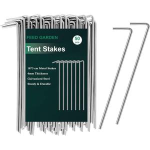 FEED GARDEN 7 Inch Tent Stakes 50 Pack Yard Inflatable Stakes for Outdoor Decorations Metal Pegs Heavy Duty Garden Hooks Camping Tent Spikes for Canopies, Tarp and Outdoor Christmas Decorations