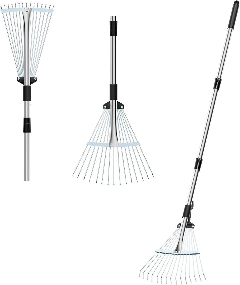 Stainless Steel Garden Leaf Rake, Strong Metal Rake for Leaves, Adjustable Length 37"-53", Adjustable Expandable Head 8"-17", for Lawn Garden Yard Flowers Beds Bush