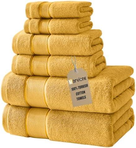 Marvione Bath Towels Set 6 Piece, 100% Turkish Cotton Highly Absorbent and Soft Towels for Bathroom 2 Bath Towels 2 Hand Towels 2 Washcloths, Gold