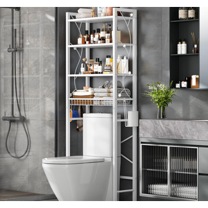 Salakita Over-The-Toilet Storage Rack, 4-Tier Bathroom Organizer Shelf Over Toilet with Adjustable Shelf and Basket, Freestanding Space Saver Bathroom Shelves Above Toilet for Room (Pure White)