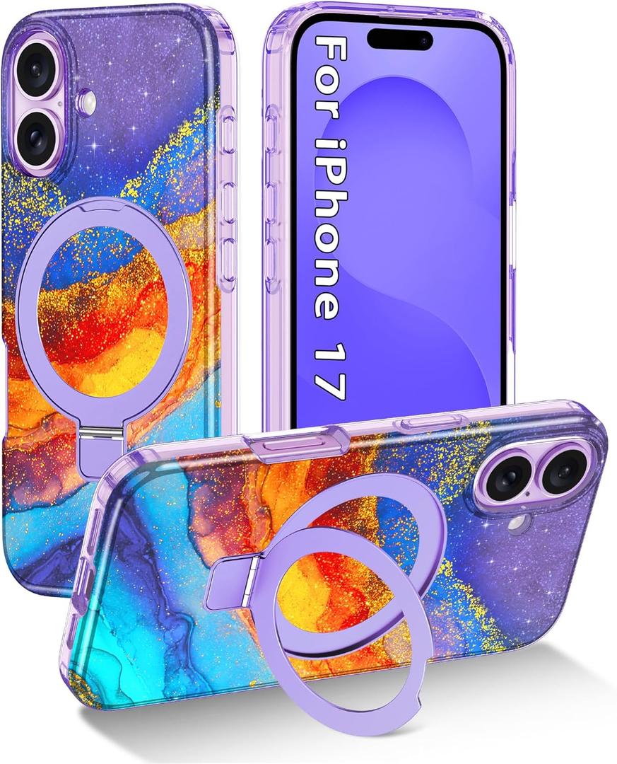 2 x for iPhone 17 Case,[Compatible with MagSafe][Magnetic Invisible Ring Stand],Shockproof Protective Slim Women Girl Case for Apple iPhone 17 6.3 inch,Orange/Blue